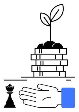 Bozuk para yığınından büyüyen bitki, el hareketi, satranç taşı stratejiyi sembolize ediyor. Büyüme, yatırım, finans, yetiştirme, karar verme stratejik planlama finansal desteği için idealdir. Çizgi
