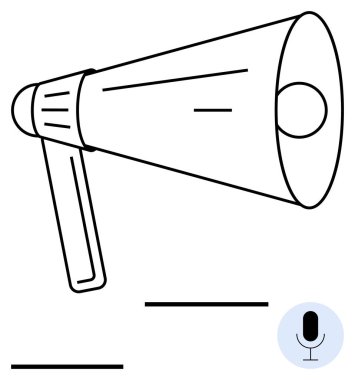 Megaphone projecting sound waves and microphone icon. Ideal for communication, announcements, public speaking, advertising, marketing, voice input, technology. Abstract line flat metaphor clipart