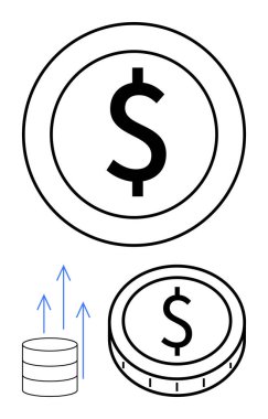 Dolar sikkeler, yukarı doğru büyümeyi sembolize eden oklarla istiflenmiş. Finans, iş, başarı, kâr, yatırım, zenginlik girişimcilik konuları için idealdir. Soyut çizgi düz metafor