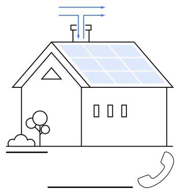 Güneş panelleri, enerji akışı göstergeleri, ağaçlar ve akıllı teknolojiyi temsil eden bir telefon ikonu olan bir ev. Enerji verimliliği, yenilenebilir güç, akıllı evler, teknolojik yenilik, bağlantı için ideal