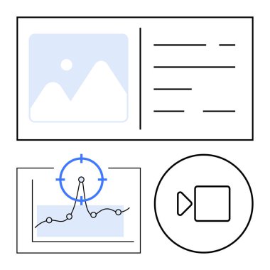 Nokta işaretleyicili analitik grafik, resim yer tutucu, metin düzeni ve video oynatma düğmesi. Dijital pazarlama, video içeriği, sunumlar, analitik araçlar, UIUX tasarım işi için ideal