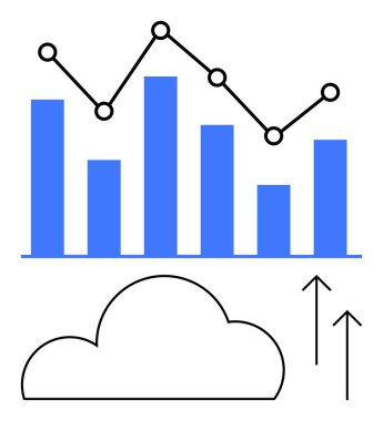 Çizgi grafik ve mavi çubuk grafik, okları yükleyen bir bulutun üzerindeki veri eğilimlerini gösteriyor. Veri analizi, bulut depolama, iş raporları, sunumlar, dijital yenilik, pazarlama stratejileri için ideal