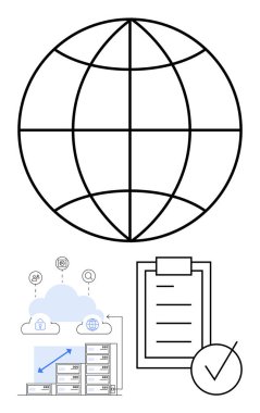 Küresel simge, veri aktarım okları olan bulut depolama, iletişim ve güvenlik simgeleri, kontrol listesi ve işaretli pano. Küresel erişim, bulut hizmetleri, veri uyumluluğu ve dijital için ideal