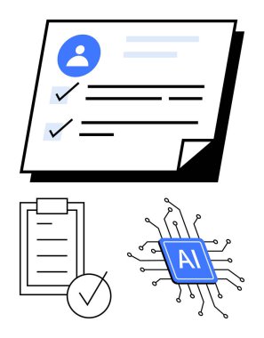 Profil simgesine sahip kağıt kontrol listesi, işaretli bir görev ile pano, ve yapay zeka çipi otomasyon, organizasyon ve verimliliği ifade eder. Üretkenlik, teknolojik yenilik, veri yönetimi ve iş akışları için ideal