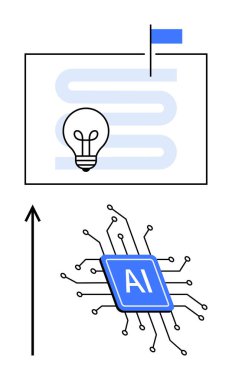 Bayrak yolundaki ampul ve yapay zeka devresi yaratıcılığı, teknolojiyi, ilerlemeyi, yeniliği, geleceği, hedef odaklı zihniyeti ve başarıyı sembolize eder. Teknoloji anlayışı ve yaratıcı stratejiler için ideal.