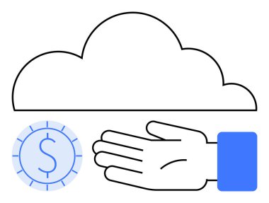 Bulut, el, dijital para birimi sembolü. Teknoloji, finans, güvenlik, çevrimiçi işlemler, ticari yenilik veri yönetimi metaforu