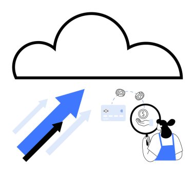 Yükselen okları olan bulutlar, finansal verileri analiz eden insanlar. Bulut depolama, veri analizi, mali denetim, iş büyümesi, çevrimiçi işlemler, teknoloji hizmetleri ve dijital işlemler için ideal