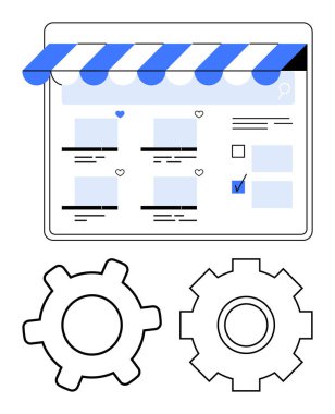 Ürün küçük resimleri, mavi tente ve sistem optimizasyonunu sembolize eden vites arayüzü. E-ticaret, çevrimiçi alışveriş, iş, teknoloji, otomasyon, yönetim için ideal