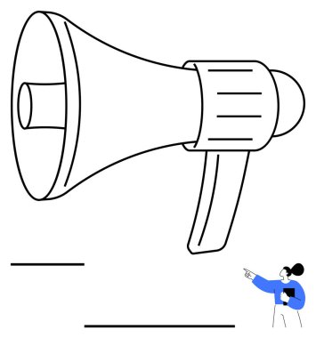 Siyah-beyaz hoparlör ve işaret eden kişi iletişimi ve eylemi vurguluyor. Pazarlama, duyurular, topluluk önünde konuşma, takım çalışması, liderlik, farkındalık, soyut çizgi