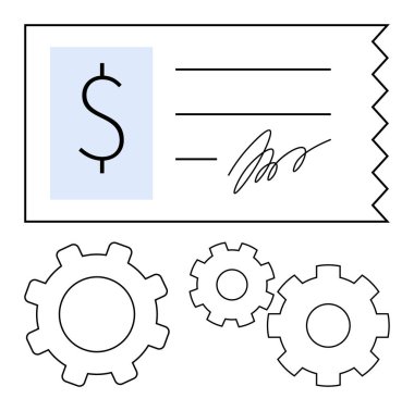 Dolar işareti, imza, üç mekanik vites, işlem otomasyonunu sembolize eden mali işlem makbuzu. İş, finans, işlemler, otomasyon, iş akışı, muhasebe servisi için ideal