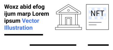 Banka binası simgesi, NFT belgesi ve lorem ipsum metni. Finans, bankacılık, kripto para birimi, dijital varlıklar, eğitim materyalleri, kurumsal sunumlar, pazarlama için ideal. İniş sayfası