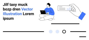 Dizüstü bilgisayarla bağdaş kurmuş, elinde kartvizit, mesaj blokları, UI elemanları, üç nokta, çizgiler var. Pazarlama, ağ oluşturma, eğitim, uzaktan çalışma, web tasarımı, teknoloji için ideal