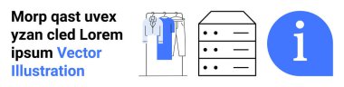 Giysi rafı, dolap ve bilgi ikonu ile birlikte metin. Çevrimiçi alışveriş, perakende yönetimi, bilgi sistemleri, sunucu depolama, veri yönetimi, bilgi ikonografisi web tasarımı için ideal