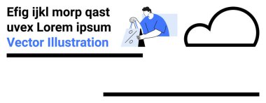 Yüzdelik işareti, bulut simgesi, yer tutucu mesajı ve kalın siyah çubuklar taşıyan bir adam. Ecommerce, indirim, pazarlama, bulut depolama, satış promosyonları ve web tasarımı için ideal