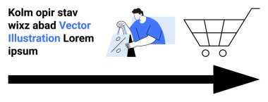 Elinde indirim sembolü olan alışveriş çantası tutan adam alışveriş arabasını gösteren büyük bir okun yanında duruyor. Çevrimiçi alışveriş, e-ticaret, indirim, satış, tüketici davranışı, pazarlama stratejisi için ideal