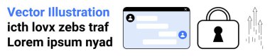 Kullanıcı profilli sohbet penceresi, konuşma baloncukları. Güvenlik için asma kilit, veri koruma konsepti. Metin tutucu. Teknoloji blogları, güvenlik firmaları, mesajlaşma uygulaması tanıtımları, çevrimiçi gizlilik ağı için ideal