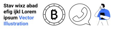 Bitcoin sembolü, telefon ikonu ve elinde bir panoyla telefonla konuşan biri. İş iletişimi, kripto para birimi, müşteri hizmetleri, dijital pazarlama, fintech, danışmanlık için ideal