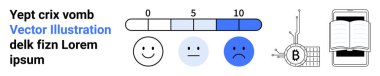 0-10 arası duygusal ölçekte üç duygu mutlu, nötr, üzgün, devreli Bitcoin sembolü, mobil ekranda kitap açık, mavi gradyan dolgu. Eğitim içeriği ve kripto para birimi için ideal