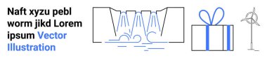 Akan çizgilerle şelale, mavi kurdeleli hediye kutusu ve rüzgar türbini. Solda örnek metin var. Çevresel temalar, sürdürülebilirlik, yenilenebilir enerji, doğa, çevre dostu