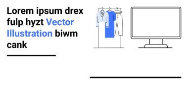 Giysi rafına bitişik bilgisayar monitöründe çeşitli giysiler var. Çevrimiçi alışveriş, moda perakendecisi, dijital pazarlama, web sitesi tasarımı, ev dekorasyonu fikirleri, teknoloji gösterisi, iş arayüzü için ideal
