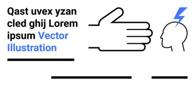 Mavi yıldırımla insan kafasına doğru el hareketi, rastgele bir yazı. Teknoloji, iletişim, beyin fırtınası, fikirler, yenilik, psikoloji, eğitim için ideal. İniş sayfası