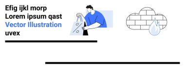 Pencereyi kuran kişi, mavi giyinmiş, tuğla duvarın yanında bulut üzerine yağmur damlası. İnşaat, kurulum, hava durumu, DIY projeleri, ev bakımı ve güvenlik talimatları için ideal