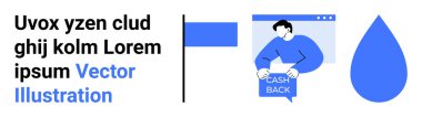 Akıllı telefon kullanıcısı nakit para teklifini, metin ögelerini, ayırıcı hattı ve mavi damla şeklini gösteriyor. E-ticaret, mobil uygulamalar, finans hizmetleri, pazarlama kampanyaları, blog yazıları, sosyal medya için ideal