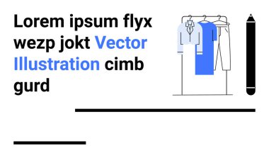 Gömlek askısı ve siyah çizgiler ve kalemle ayrılmış metin elemanları olan bir elbise. Moda tasarımı, perakende, e-ticaret, pazarlama, markalaşma, grafik tasarım, yaratıcı