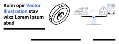 Finansal unsurları olan kripto para, terazide dengelenmiş bozuk para, ev ve araba yığınını işaret ediyor. Finans, kripto para birimi, yatırım, tasarruf, gayrimenkul, teknoloji ve dijital için ideal