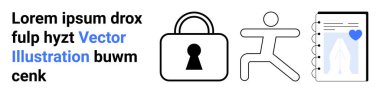 Yer tutucu içeriğine sahip metin, güvenliği gösteren asma kilit sembolü, kullanıcı etkileşimini temsil eden biçimlendirilmiş kişi sembolü, kalp simgesi içeren belge. Siber güvenlik için ideal, kullanıcı deneyimi tasarımı, web