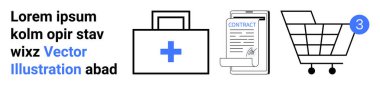 Tıbbi haçlı çanta, kontratlı pano, tebligatlı alışveriş arabası. İş, e-ticaret, sağlık, sözleşmeler, çevrimiçi alışveriş, bildirimler, vektör grafikleri için ideal