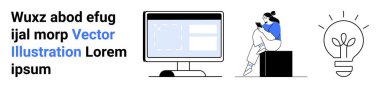 Metin bloğu bilgisayar monitörünün yanında, kadın blokta okuyor, ve ampul simgesi. Dijital içerik, eğitim, teknoloji, okuma, yenilik beyin fırtınası yaratıcılık için idealdir. İniş sayfası