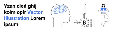 Beyin diyagramına yakın çekim, kripto para birimi sembolü, meditasyon yapan kadın. Ruh sağlığı, finans, kripto para birimi, teknoloji, meditasyon, farkındalık, eğitim içeriği iniş sayfası için ideal