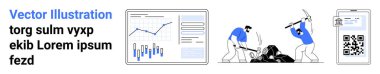 Ekranda bar ve çizgi çizelgeleri, kayalarla çalışan iki kişi, bir QR kodu sergiliyorlar. Takım çalışması, proje yönetimi, veri analizi, madencilik, teknoloji, sunum, verimlilik için ideal. İniş