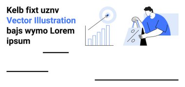 Elinde alışveriş torbaları olan bir adam, hedefli bir büyüme grafiğinin yanında. Yer tutucu metni temiz, minimalist düzende. Ticari büyüme, e-ticaret, pazarlama, başarı, veri analizi, tüketici davranışı için ideal