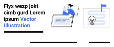 Tablet tutan kadın, ampul ve bayrak taşıyan strateji haritası. İş sunumları, pazarlama stratejileri, eğitim içeriği, kurumsal eğitim, teknoloji ürünleri, başlangıç sunumları için ideal