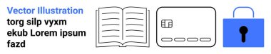 Mesajlı kitabı aç, çipli kredi kartı, kilitli mavi asma kilit ve yer tutucu metni. Bankacılık, eğitim, çevrimiçi güvenlik, edebiyat e-öğrenimi siber güvenlik ve mahremiyet için ideal. İniş sayfası