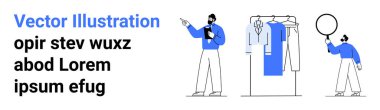 Bir adam elinde bir dosya, askıda asılı giysiler, elinde büyüteç tutan ikinci bir adam. İş analizi, yaratıcı düşünme, sunumlar, araştırma, takım çalışması için ideal
