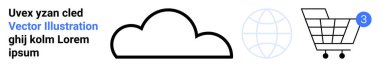 Bulut çizgisi, küre ve alışveriş arabası ikonları. Teknoloji, web, ağ, çevrimiçi alışveriş, e-ticaret, bildiriler ve minimalist tasarım temaları için idealdir. İniş sayfası
