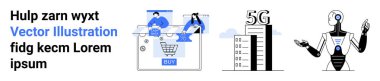 Çevrimiçi alışveriş arayüzünde iki kişi, bir 5G kablosuz iletişim kulesi ve yapay zeka yeteneğini gösteren bir robot. E-ticaret, teknoloji, yapay zeka, 5G, dijital için ideal