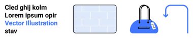Dikdörtgen tuğla duvar, etiketli mavi el çantası, beyaz arka planda aşağı doğru ok. Alışveriş temaları, yaratıcı projeler, web sitesi tasarımı, tanıtım materyalleri, bilgi grafikleri, eğitim