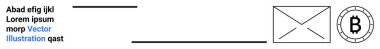 Metin blokları, mavi işaretli metin, yatay çizgiler, zarf simgesi, Bitcoin simgesi. E-posta, engelleme zinciri, kripto para birimi, iletişim, vektör grafikleri, teknoloji için ideal. İniş sayfası