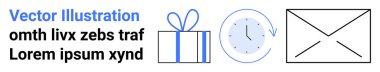 Yay, saat ve e-posta veya mesajı temsil eden zarf simgesi içeren hediye kutusu. Tatil temaları, zaman yönetimi, iletişim, etkinlik planlaması, posta hizmetleri, iş için ideal