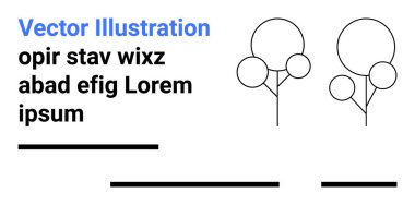 Modern bir düzende soyut metin elemanlarının yanında dairesel tepe örtüleri olan minimalist siyah çizgili sanat ağaçları. Web tasarımı için ideal, posterler, davetiyeler, markalaşma, sunumlar, broşürler ve sosyal
