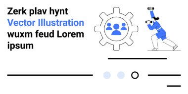 Dürbün kullanan karakter kontrol ediyor, takım dişli simgesi, çizgiler, noktalar. Yenilik, takım çalışması, keşif, teknoloji, iş stratejileri, gelecek planlama, hedef belirleme için idealdir. İniş