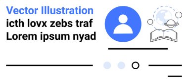 Mavi çemberdeki profil simgesi, gezegen halkaları olan dünya, açık kitap, siyah metin örneği, altı çizili, yüzen daireler. Profil bölümleri, eğitim temalı unsurlar, uzay, teknoloji için ideal