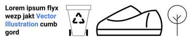 Geri dönüşüm kutusu, ayakkabı, ağaç ve minimalist tarzda gösterilen metin. Sürdürülebilirlik, çevre dostu yaşam tarzları, geri dönüşüm kampanyaları, yeşil girişimler ve çevresel farkındalık için ideal. Siyah