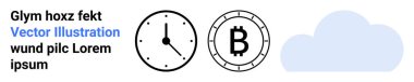 Saat, Bitcoin sembolü, bulut simgesi, metin elementlerinin yanı sıra. Teknoloji, finans, kripto para birimi, zaman yönetimi, bulut hesaplama, veri depolama, minimalist tasarım için ideal. İniş sayfası