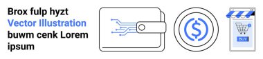 Devre tasarımlı dijital cüzdan, bozuk para ve satın alma düğmeli online alışveriş mağazası. E-ticaret için ideal, çevrimiçi işlemler, finans teknolojisi, ödeme kapıları, alışveriş platformları, dijital