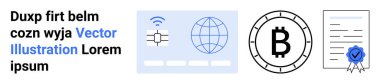 Bitcoin sembolü, küresel bağlantı simgesi, mavi mühürlü belge, kripto para birimi güvenliğini, engelleme zinciri doğrulamasını ve dijital doğrulamayı temsil ediyor. Finansal teknoloji için ideal